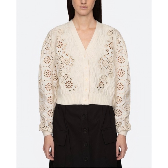 NWT SEA New York Lainey Eyelet-Embroidery Cream Long-Sleeve Cardigan Sweater - Picture 3 of 8